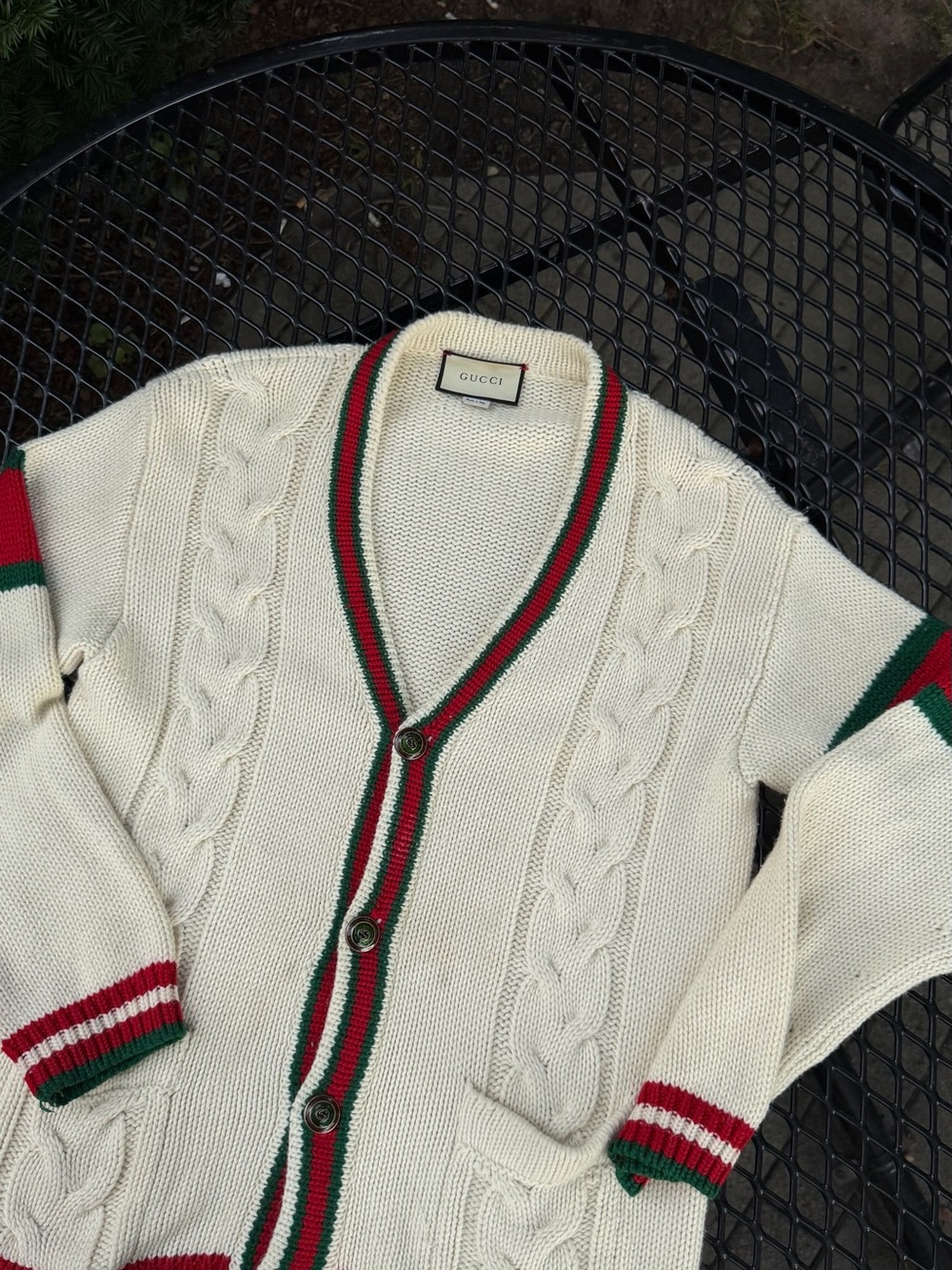 Gucci Cream Cable Knit Cardigan with Red & Green Stripe Trim